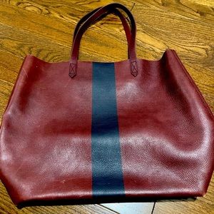 Madewell The Paintstripe Leather Transport Tote Maroon and Navy